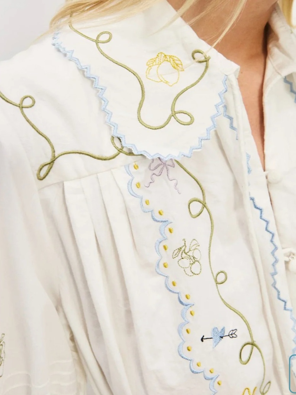 Alemais Giulia Embroidered White Cotton Mini Dress with Blue Sash - Picture 2 of 7